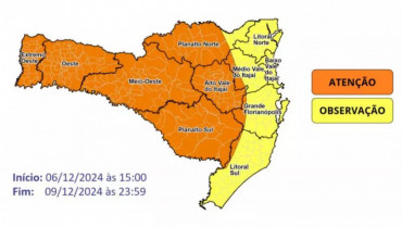 Mapa de alerta para chuva durante este final de semana em SC