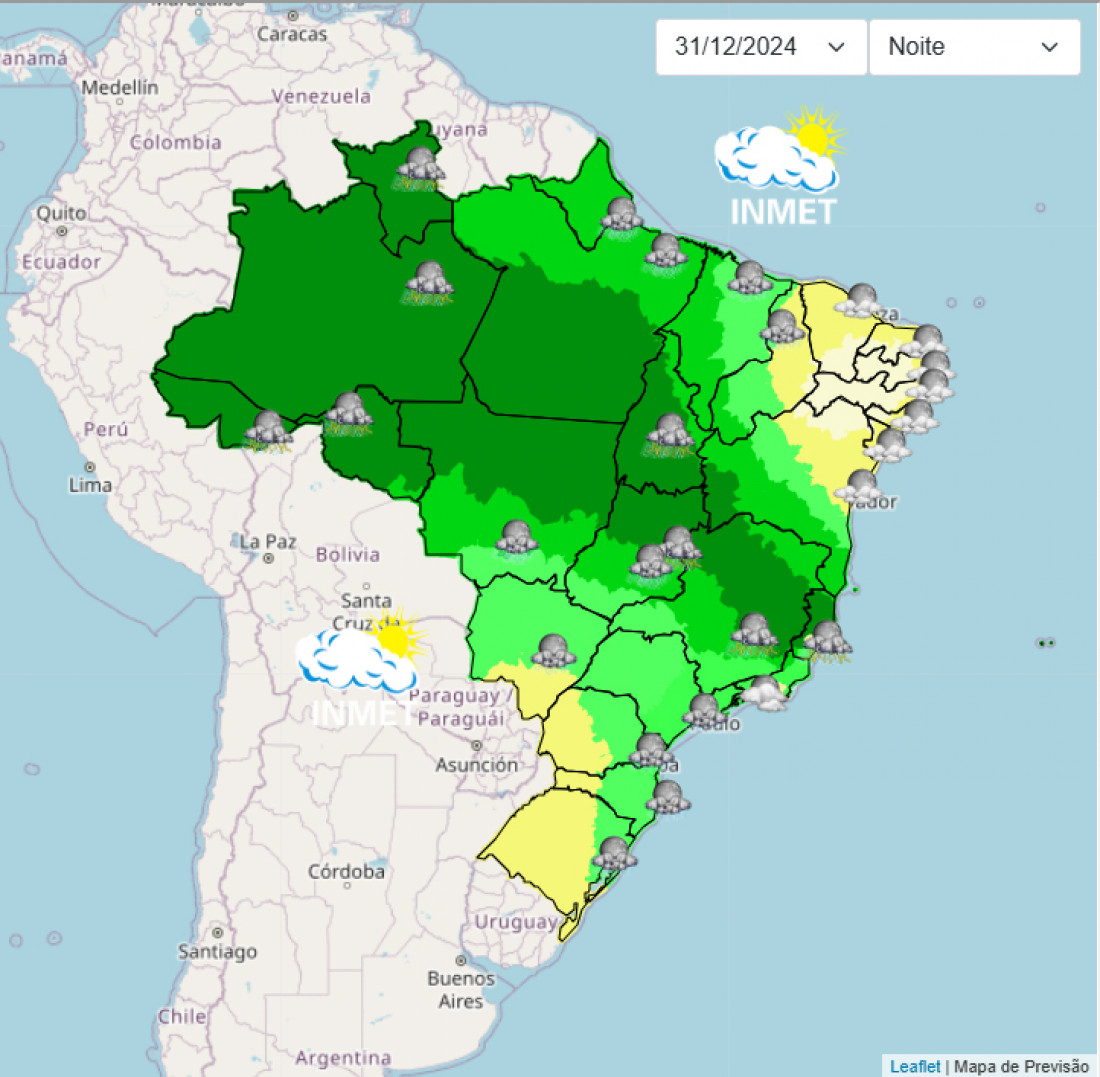 Mapa mostra que o último dia de 2024 será de sol na regiao Sul