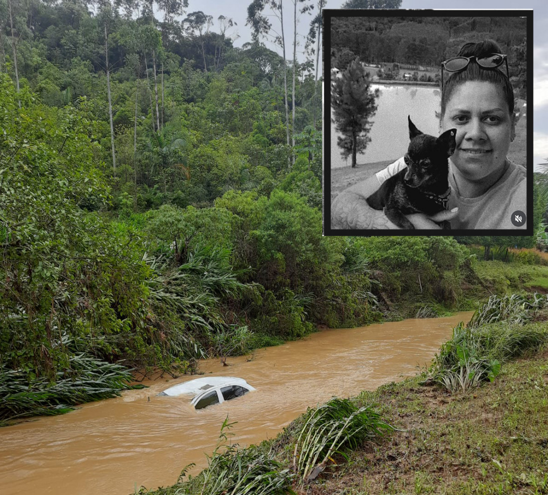Leonide (no detalhe) morreu afogada depois que o veículo que ela ocupava foi arrastado pela correnteza no Braço do Baú