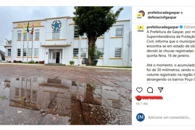 O primeiro aviso emitido pela Superintendência da Defesa Civil de Gaspar