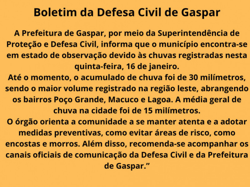 Boletim emitido pela Superintendência da Defesa Civil de Gaspar