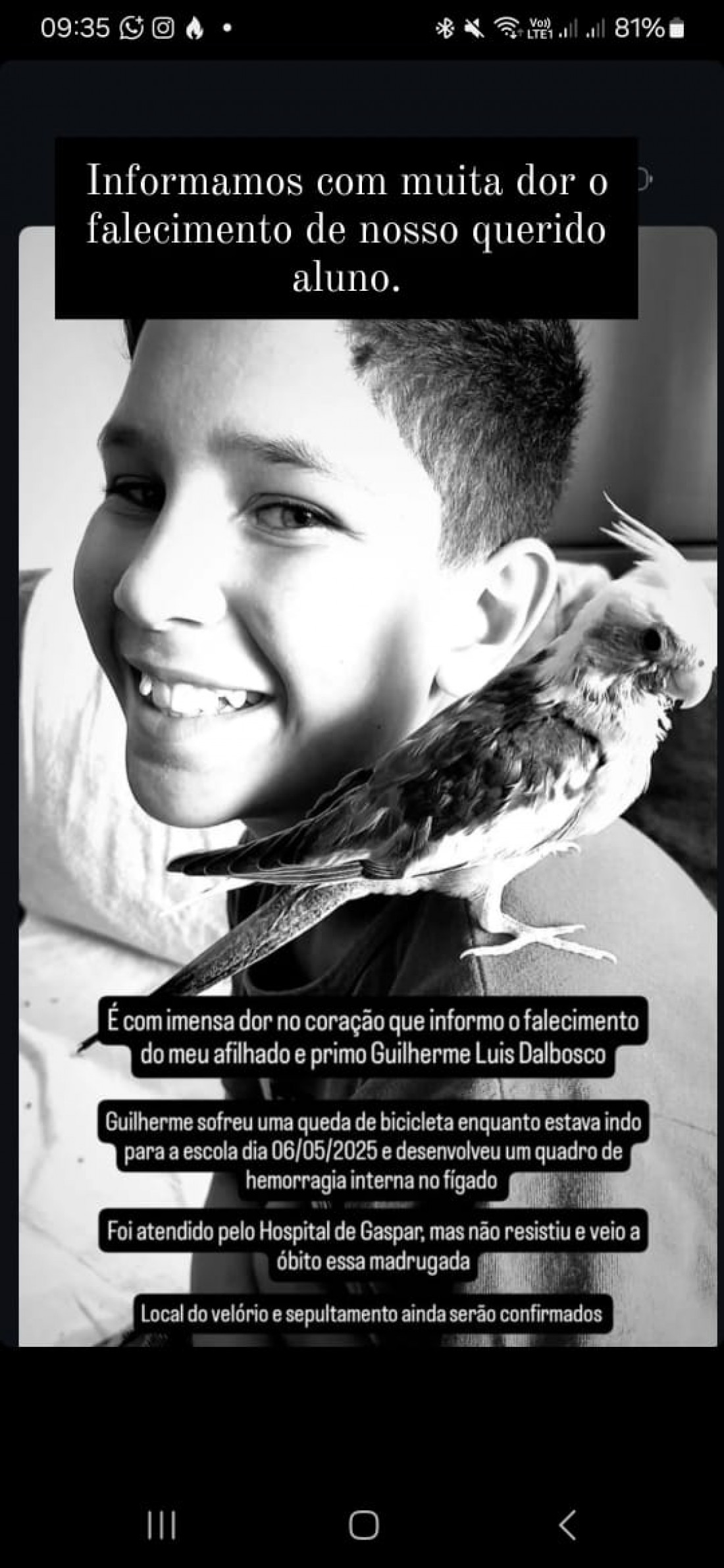 Publicação feita por familiar na rede social