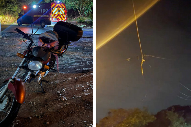 A motociclista não percebeu o fio solto no meio da pista