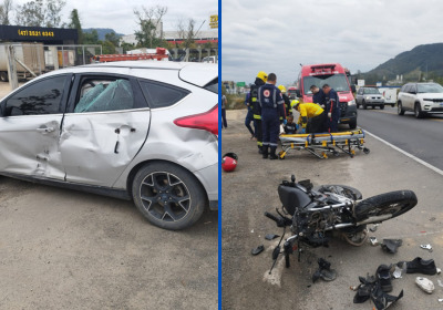 A colisão transversal envolveu um Ford Focus e uma motocicleta Honda CG 150