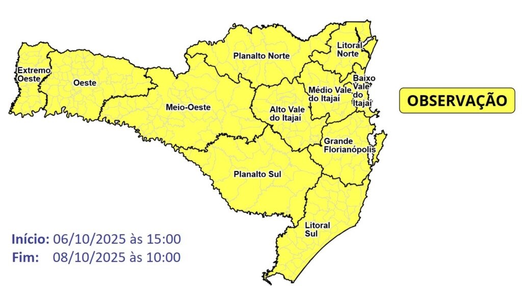 Risco moderado nas áreas em amarelo para ocorrências relacionadas a desconforto térmico e agravamento de doenças cardiorrespiratória em decorrência do declínio acentuado da temperatura. Fonte: SPDC/SC
