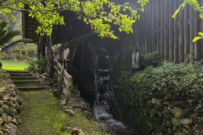 A roda d'água ainda em atividade no centenário engenho