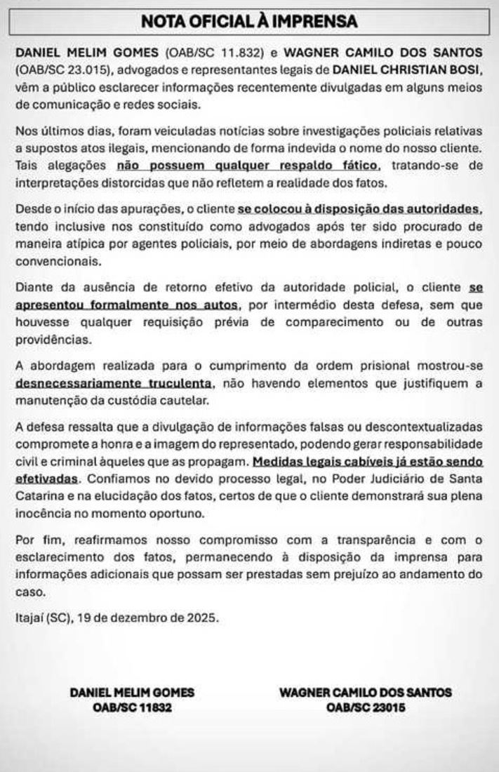 Nota &agrave; imprensa (&iacute;ntegra)