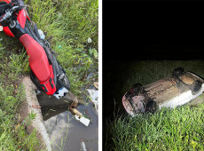 A moto onde duas pessoas ficaram feridas e o ve&iacute;culo que capotou na BR-470