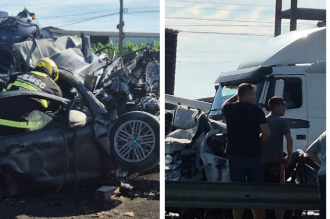 Colis&atilde;o, tipo engavetamento, envolveu cinco ve&iacute;culos