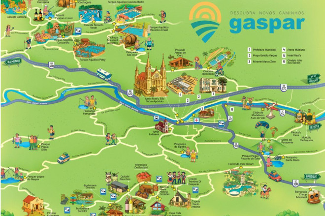 Mapa mostra os diversos equipamentos tur&iacute;sticos hoje instalados em Gaspar