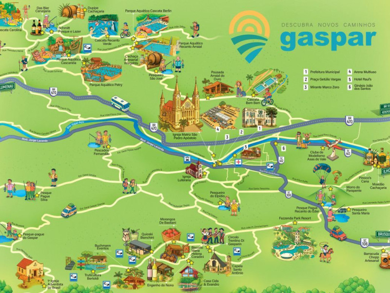 Mapa mostra os diversos equipamentos tur&iacute;sticos hoje instalados em Gaspar