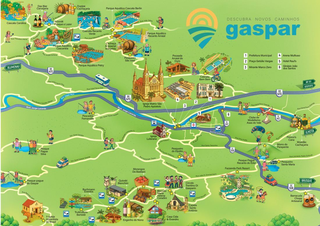 Mapa mostra os diversos equipamentos turísticos hoje instalados em Gaspar