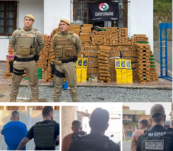 Acima, a droga apreendida em janeiro de 2025, abaixo, os três últimos presos