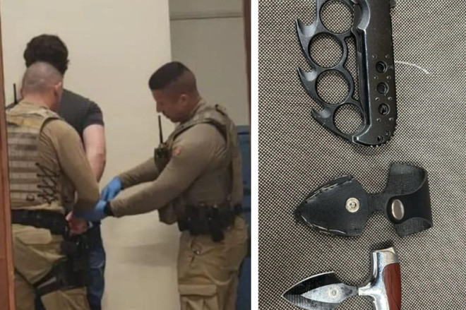 O momento da pris&atilde;o do agressor e as armas utilizadas por ele para ferir a v&iacute;tima