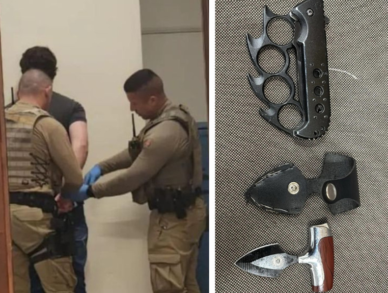 O momento da prisão do agressor e as armas utilizadas por ele para ferir a vítima