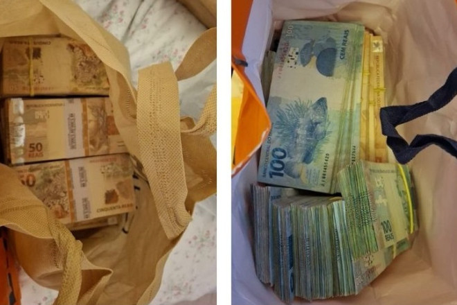 Imagens dvulgadas pela pol&iacute;cia mostram apreens&atilde;o de grande quantidade de dinheiro nos endere&ccedil;os dos investigados