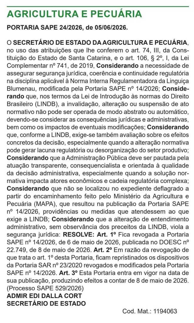 portaria da Secretaria de Estado da Agricutlura revogou a portaria anterior