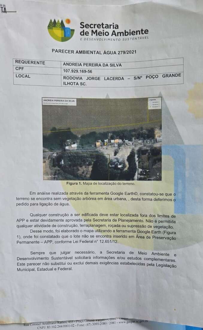 Autoriza&ccedil;&atilde;o da Prefeitura de Ilhota para liga&ccedil;&atilde;o da rede de abastecimento de &aacute;gua no im&oacute;vel de Suellen