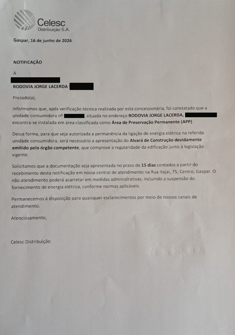 Notifica&ccedil;&atilde;o entregue pela Celesc a morador do Po&ccedil;o Grande