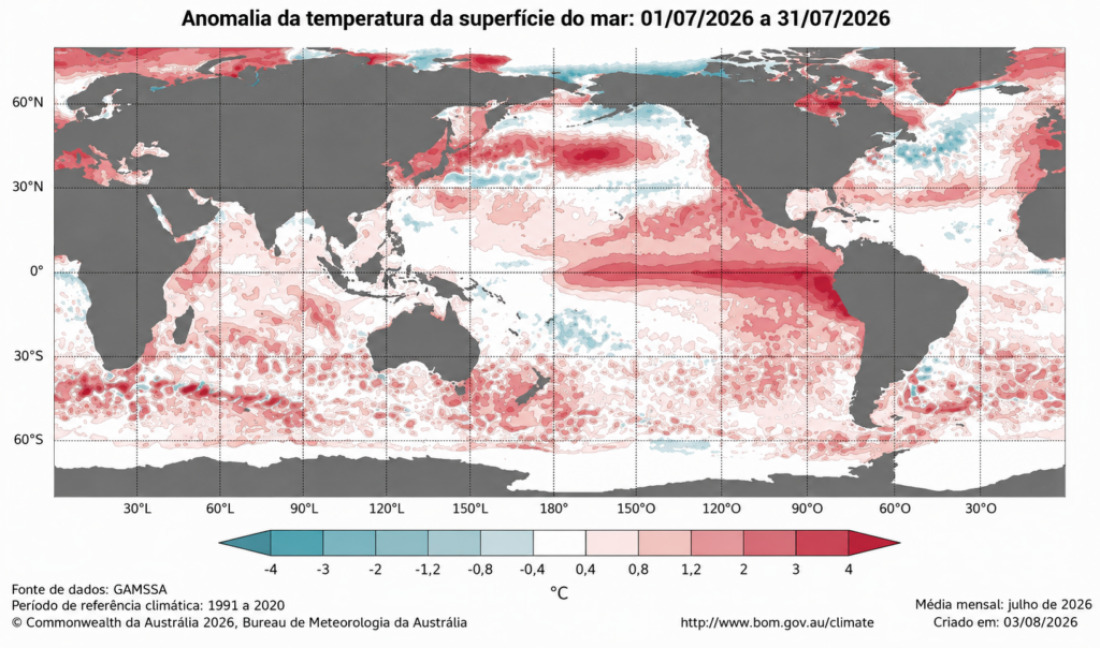 M&eacute;dia das anomalias de temperatura da superf&iacute;cie do mar (TSM) durante o m&ecirc;s de julho de 2026