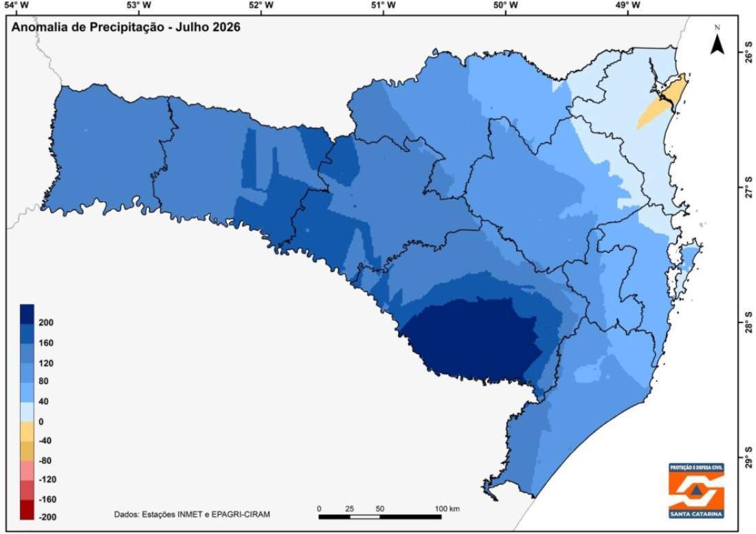 Anomalias de precipita&ccedil;&atilde;o em julho de 2026 em Santa Catarina.