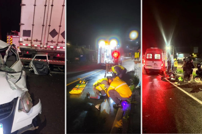 Ve&iacute;culo colidiu na traseira de um caminh&atilde;o; em Gaspar, motociclista bateu num poste e na BR-470, o acidente envolveu duas motos e carro