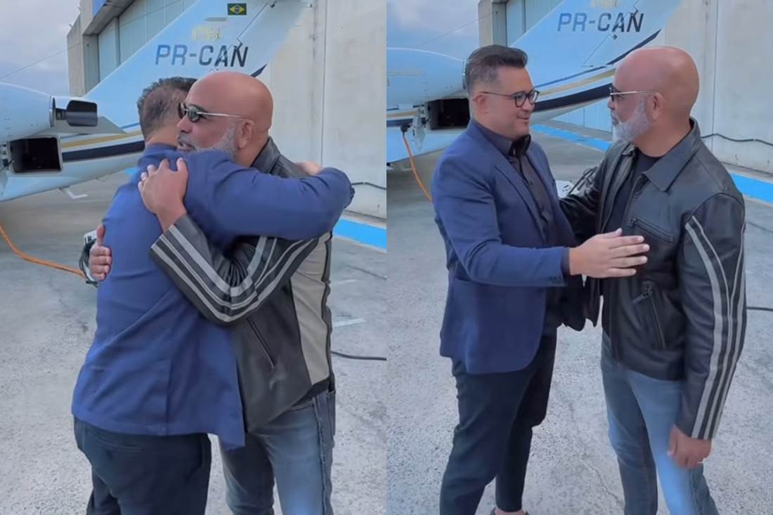 Momento antes do embarque, Rick cumprimenta o palestrante e coach Bruno Avelar